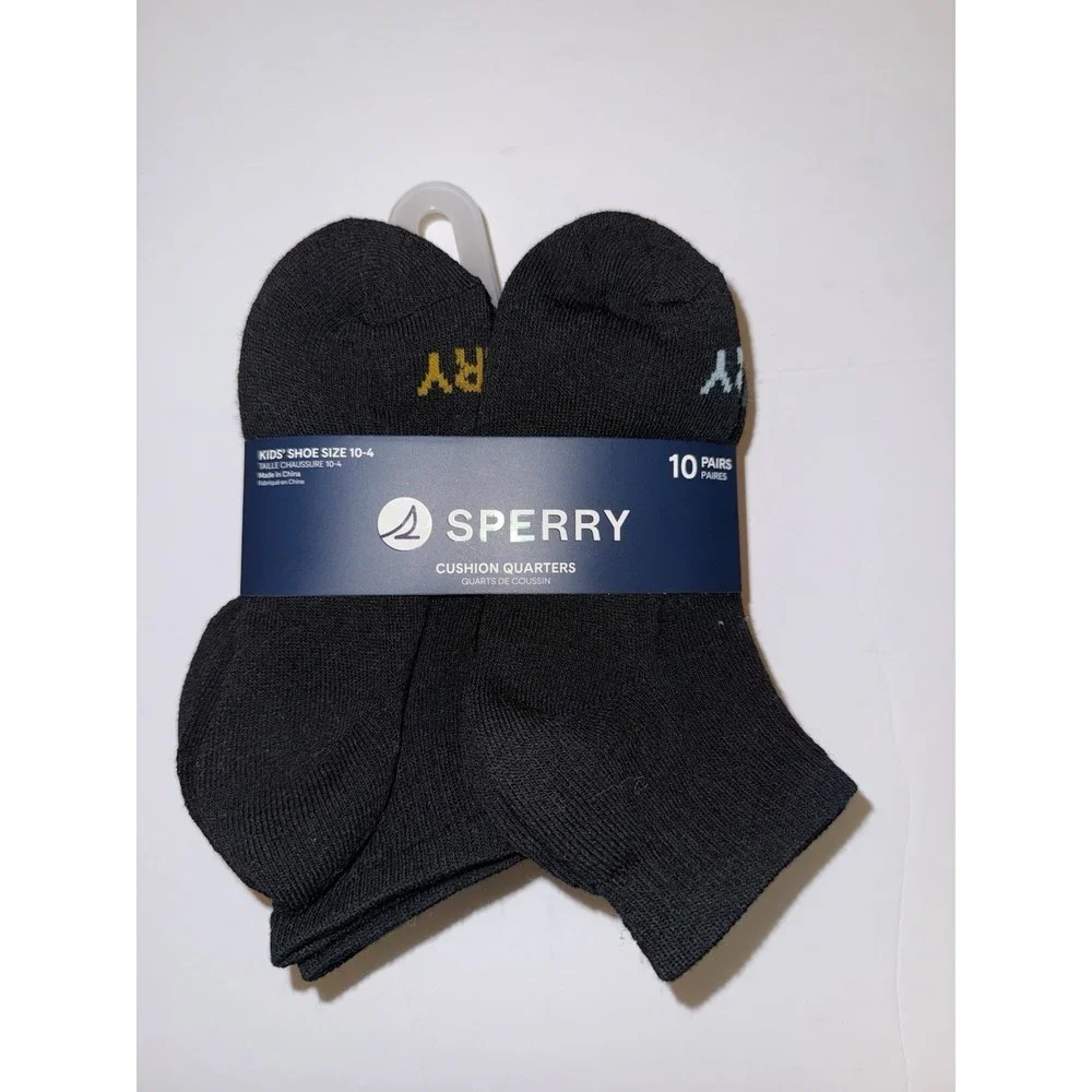 Sperry Boys Socks 10-4 Cushion Quarter Black 10 Pairs Comfort Crew Kids Gift NEW
